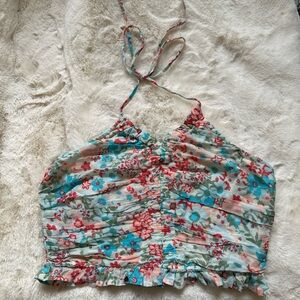 American Eagle Outfitters Floral Ruched Halter Crop Top - Blue, Coral & Cream